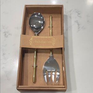 Bamboo pattern salad server spoon and fork set in Gold handles stainless steel